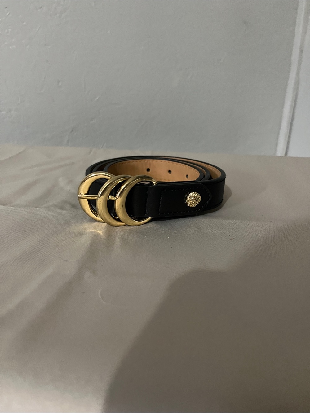 Black Leather Belt with Triple Gold Rings